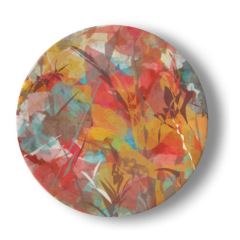 China Plates, Abstract Botanical in Gold, Red, and Blue