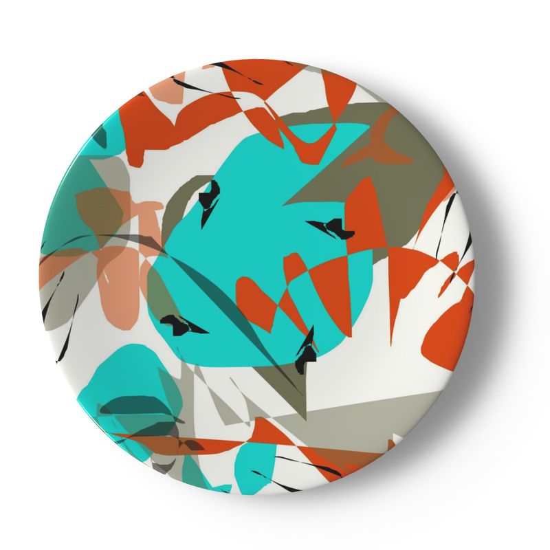 China Plate, Abstract Aqua, Orange, and Brown on White