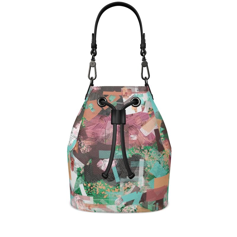 Bucket Handbag in Purples, Greens, and Blue Textures