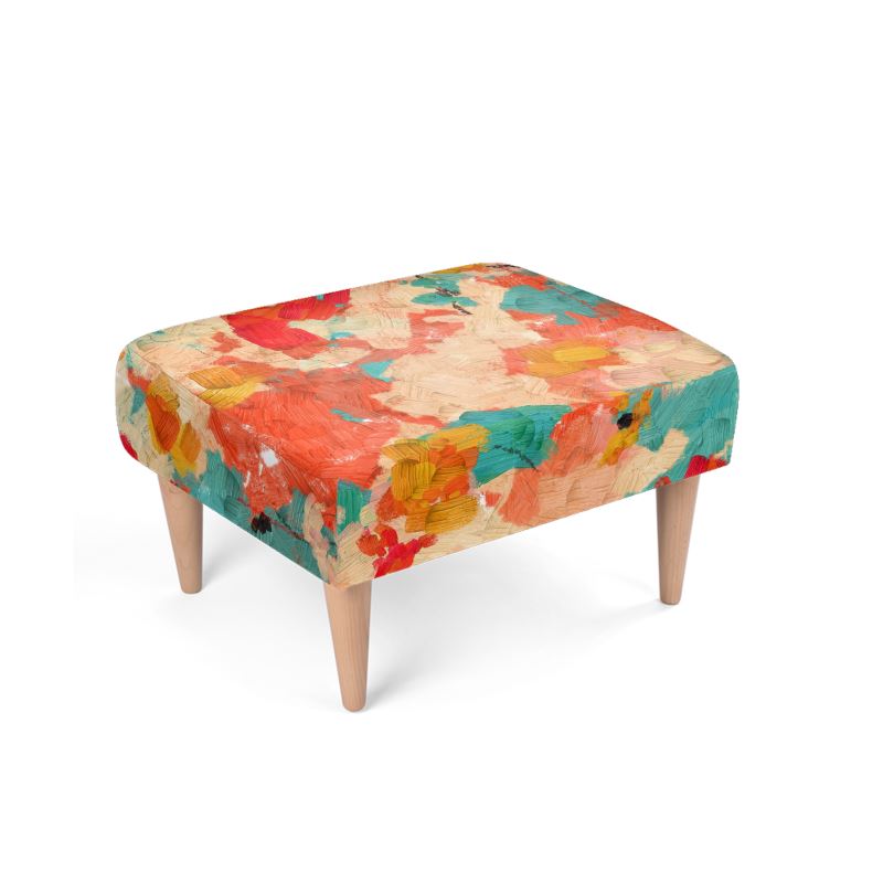 Footstool in an Abstract Garden Design, Aqua, Gold and Reds