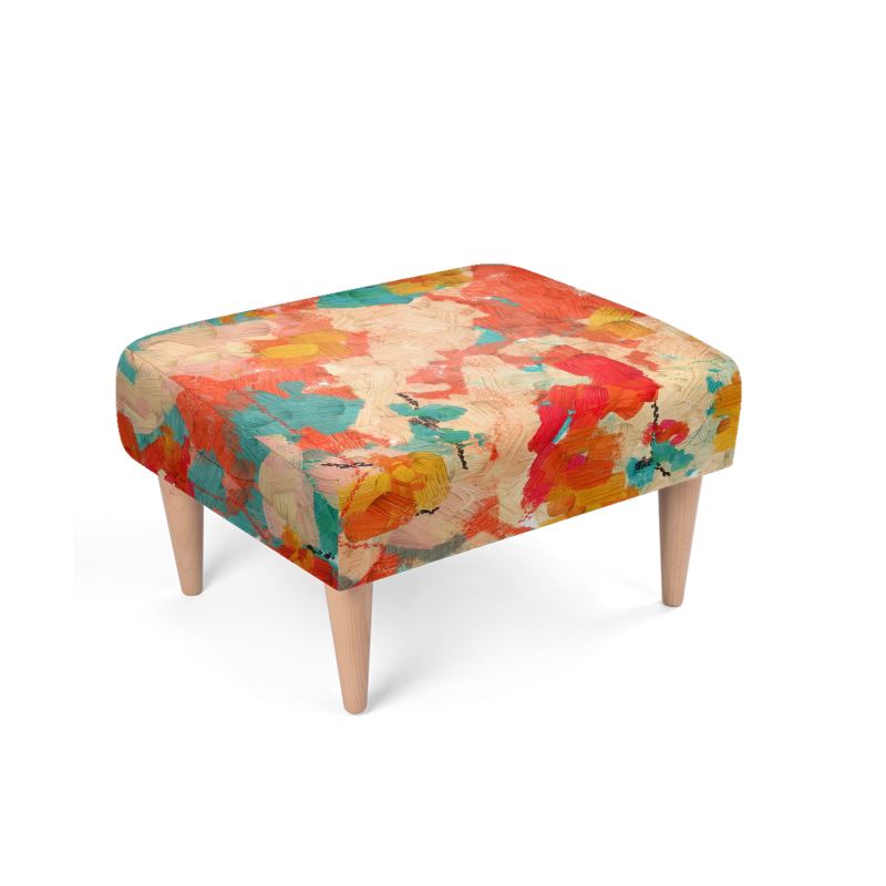Footstool in an Abstract Garden Design, Aqua, Gold and Reds