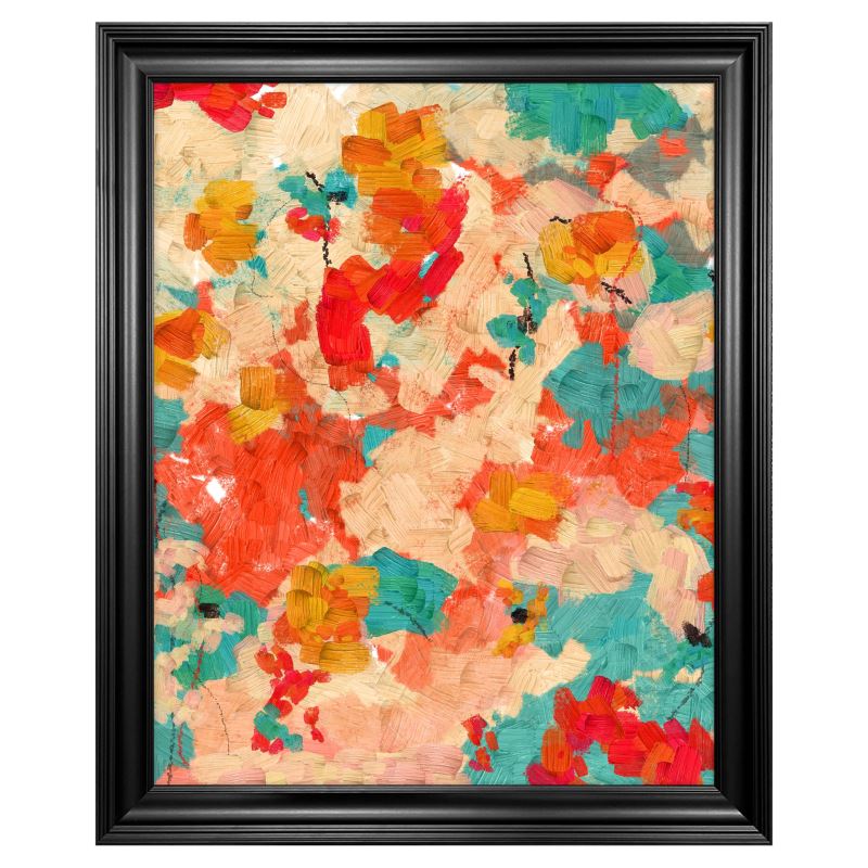 Framed Art Print, Abstract Garden in Aqua, Gold, and Reds