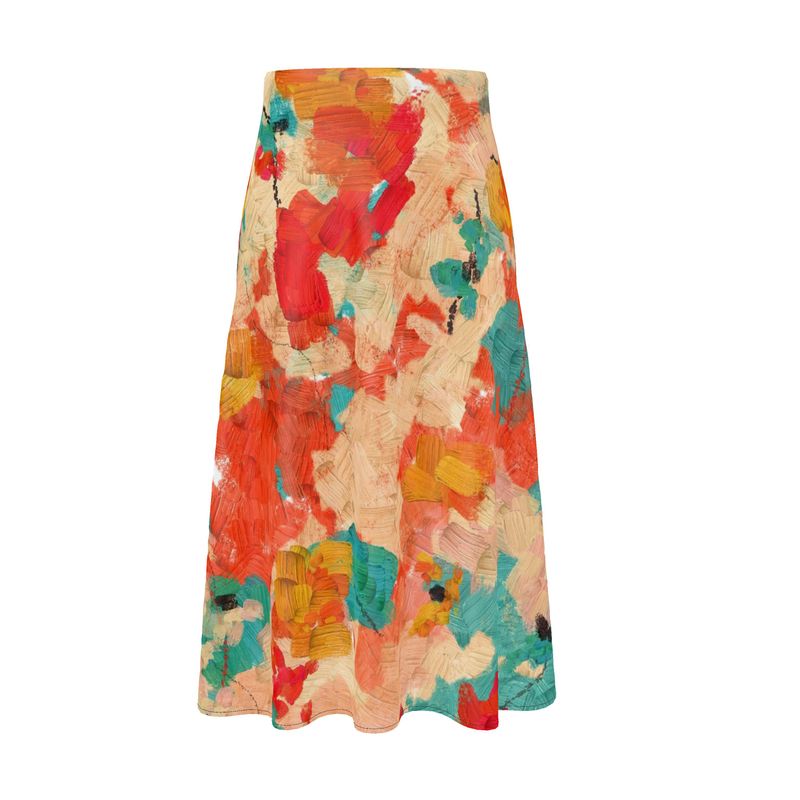 Midi Skirt in Abstract Floral Design, Aqua, Orange, Gold