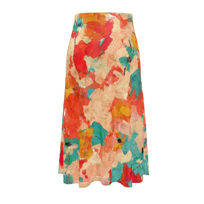 Midi Skirt in Abstract Floral Design, Aqua, Orange, Gold
