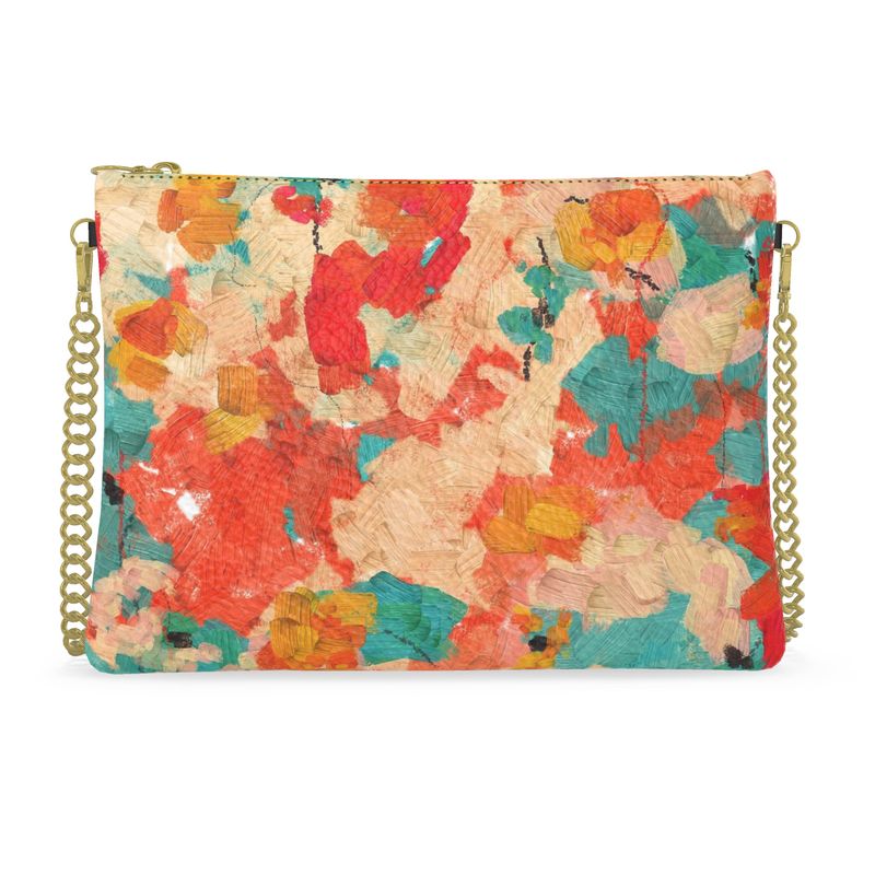 Crossbody Bag with Chain, Floral design in Aqua, Orange, Gold