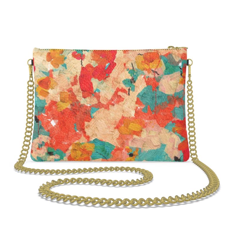 Crossbody Bag with Chain, Floral design in Aqua, Orange, Gold