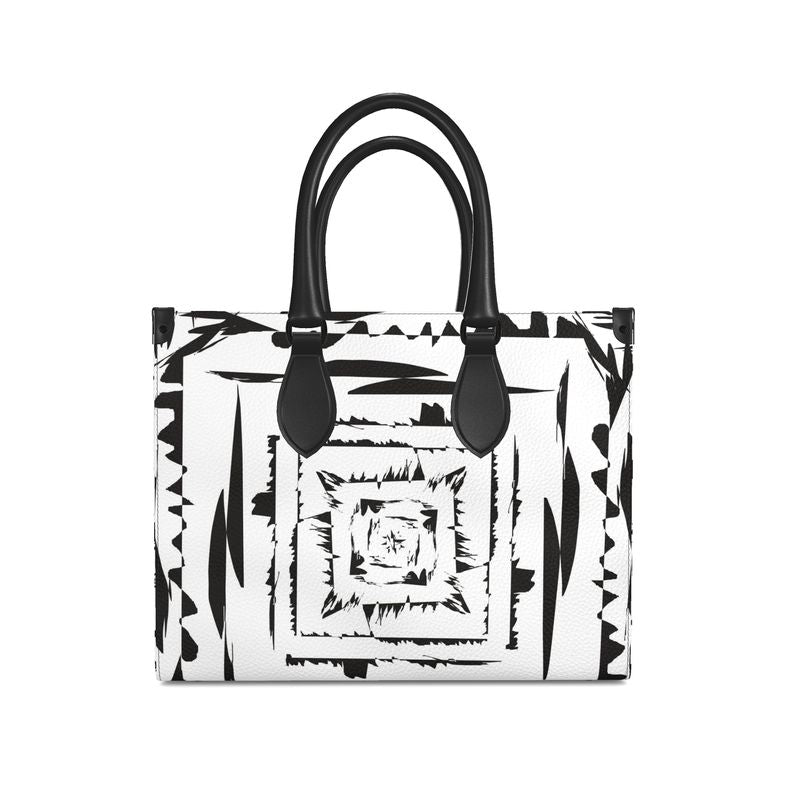 Leather Shopper Bag, Black and White Square Pattern
