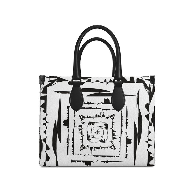 Leather Shopper Bag, Black and White Square Pattern