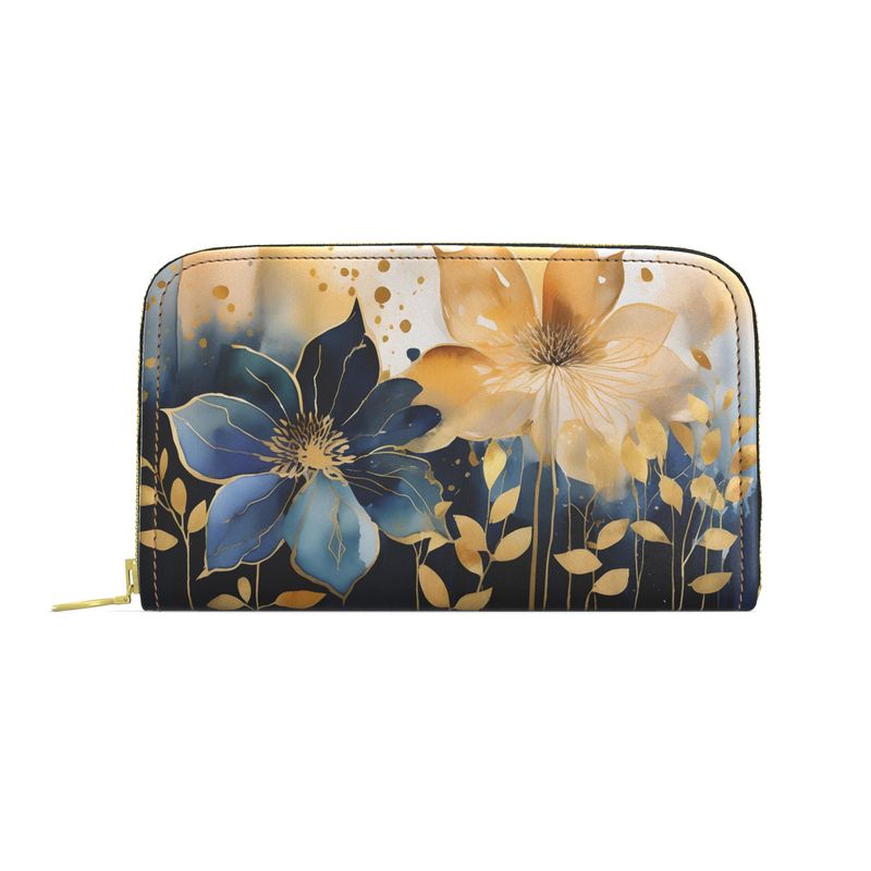 Blue and Gold Floral Art Leather Zip Purse