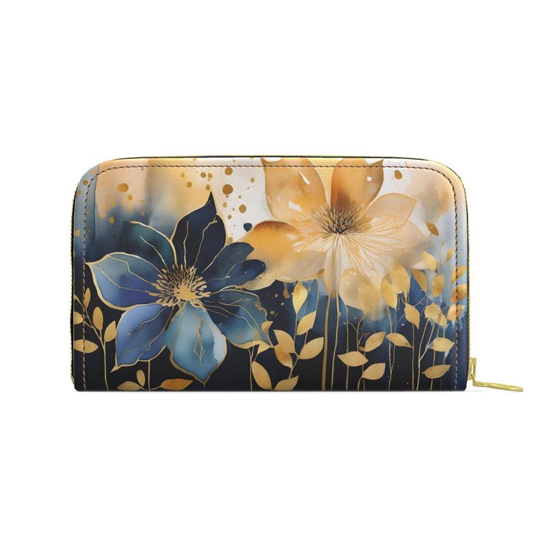 Blue and Gold Floral Art Leather Zip Purse