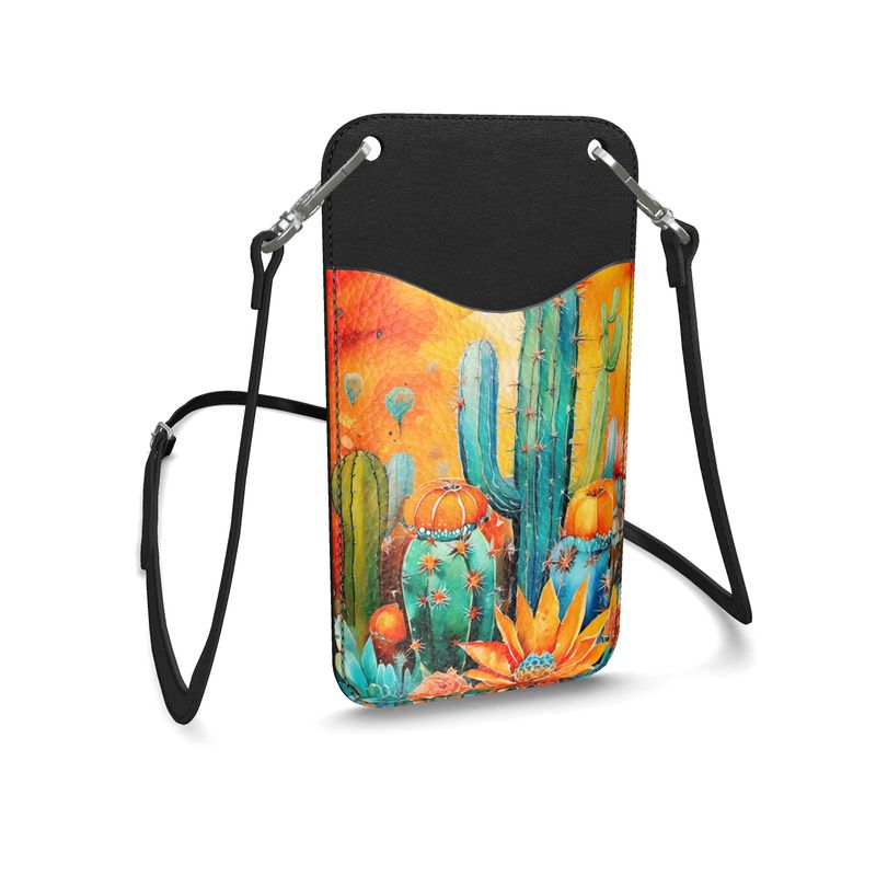 Leather Phone Case with Strap, Southwestern Desert Design