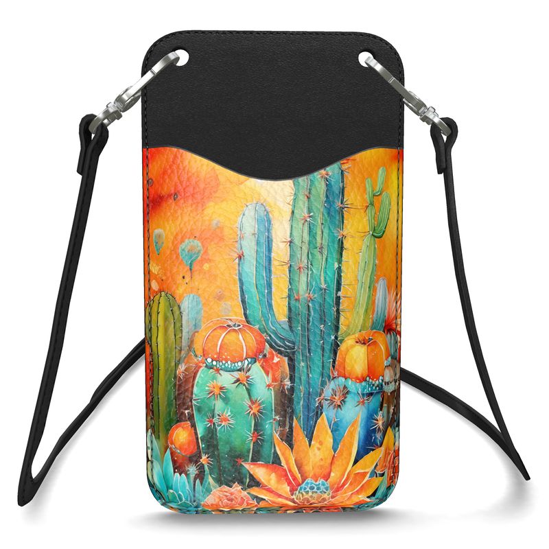 Leather Phone Case with Strap, Southwestern Desert Design