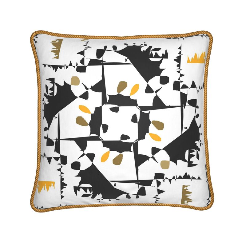 Silk Cushion, Black and Yellow Pillow with Gold Pattern Accents