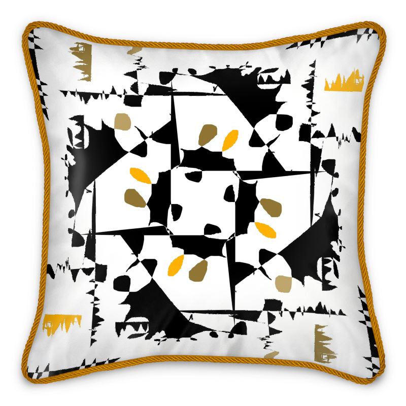 Silk Cushion, Black and Yellow Pillow with Gold Pattern Accents