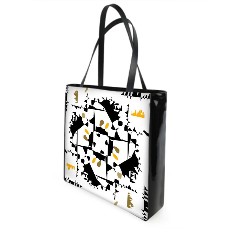 Black and White Shopper Bag with Gold and Yellow Accents