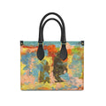 Leather Shopper Bag, Abstract Art Bag, Blue and Gold Bag with Orange