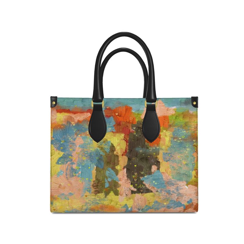 Leather Shopper Bag, Abstract Art Bag, Blue and Gold Bag with Orange