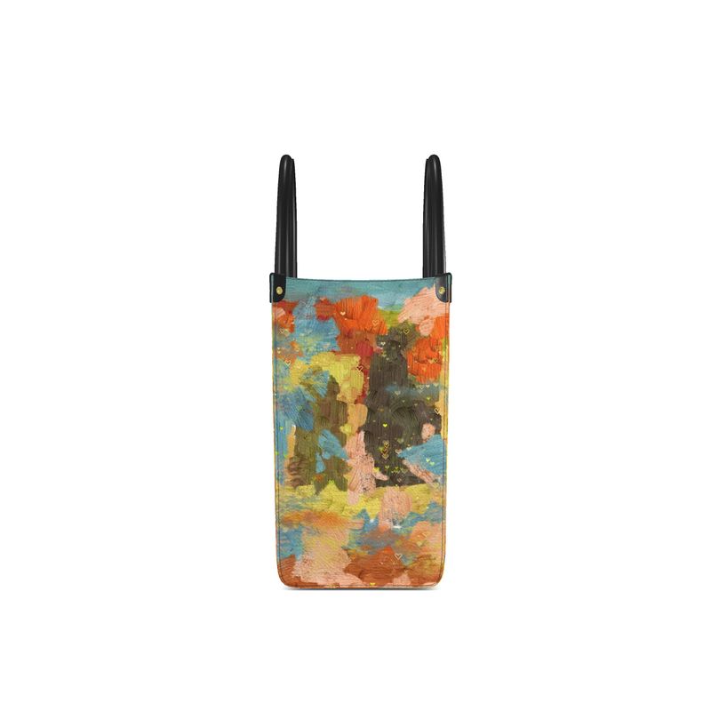 Leather Shopper Bag, Abstract Art Bag, Blue and Gold Bag with Orange