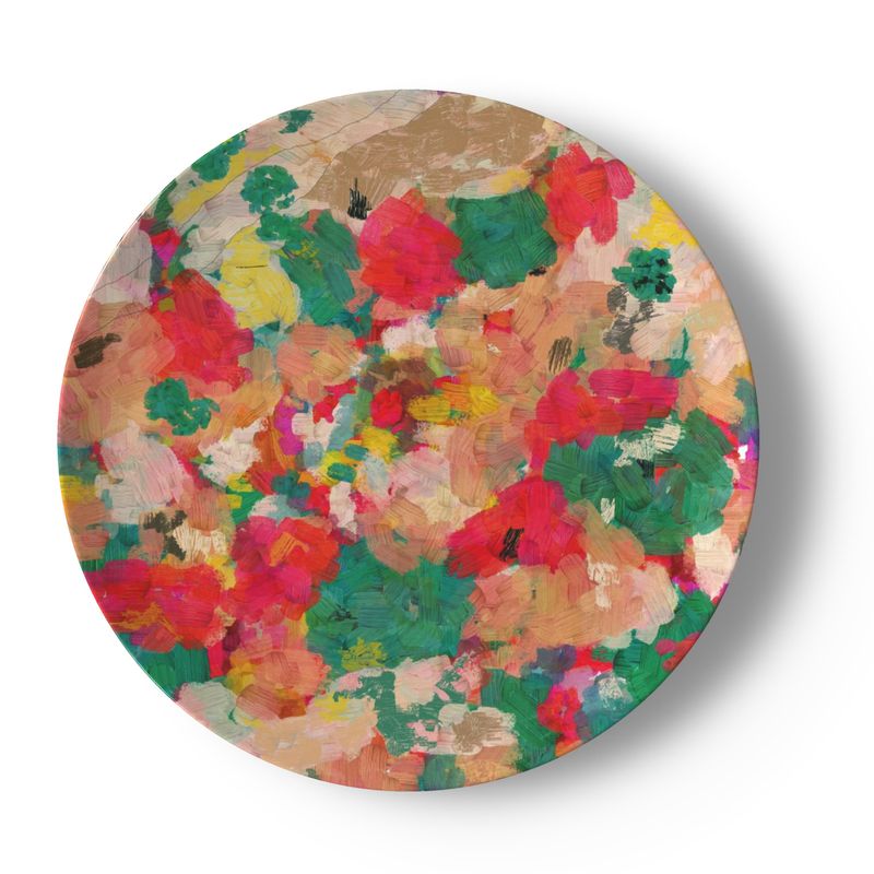 China Plates with a Floral Abstract in Turquoise, Yellows and Pink