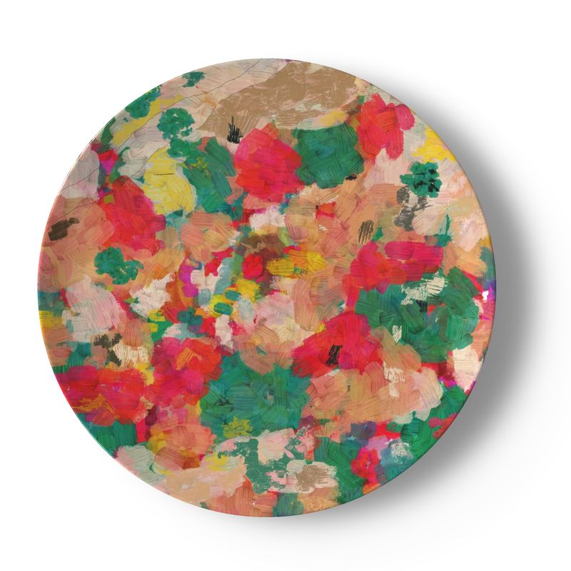 China Plates with a Floral Abstract in Turquoise, Yellows and Pink