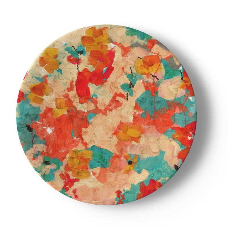 China Plates, Floral Abstract Plates, Gold, Aqua, and Red Floral China