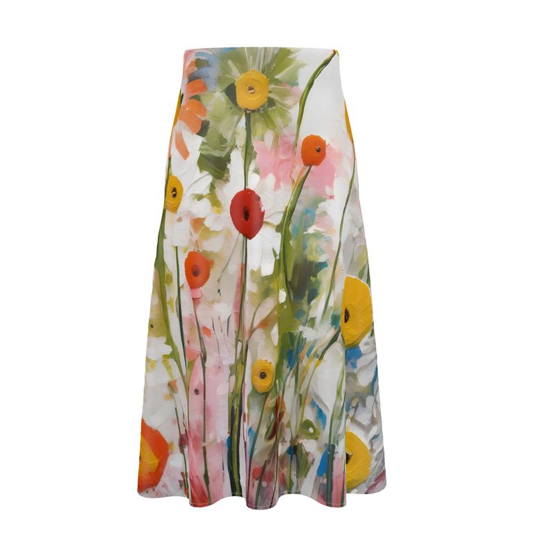 Midi Skirt, Painted Wildflowers Skirt, Designer Floral Skirt