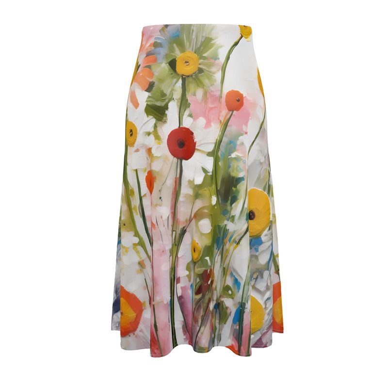 Midi Skirt, Painted Wildflowers Skirt, Designer Floral Skirt