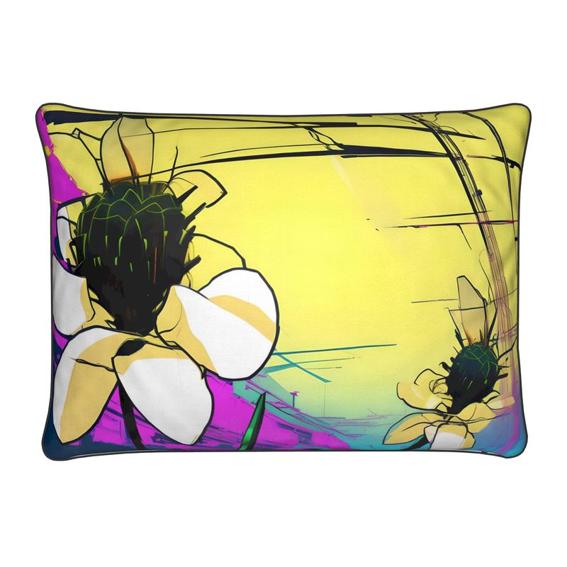 Cushions with Yellow Flowers on A Purple and Yellow Abstract Design