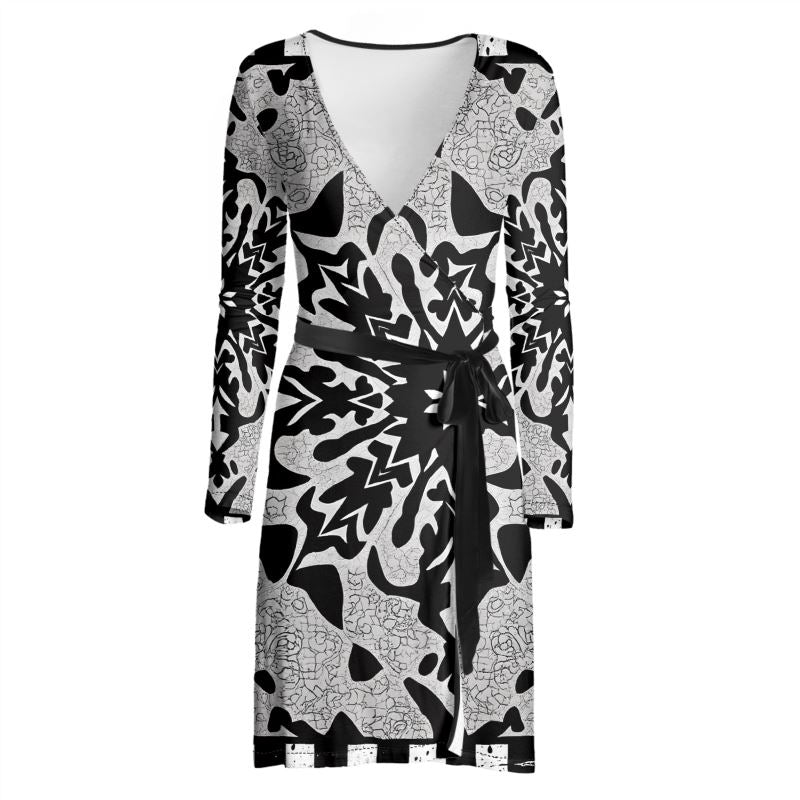 Wrap Dress in Black and Gray Design Pattern