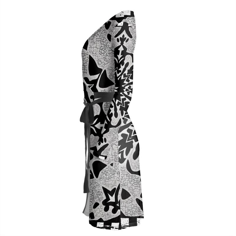 Wrap Dress in Black and Gray Design Pattern