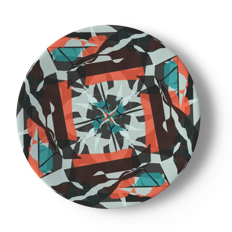 China Plates, Orange and Black Block Pattern with Teal Accents