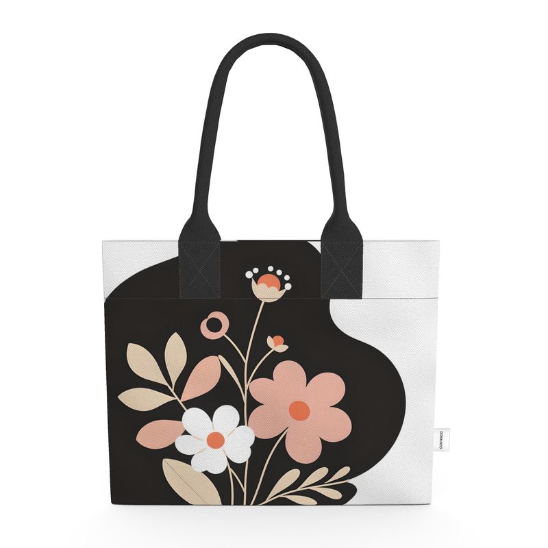 Tote Bag in Pink and White Floral Design on a Black Silhouette