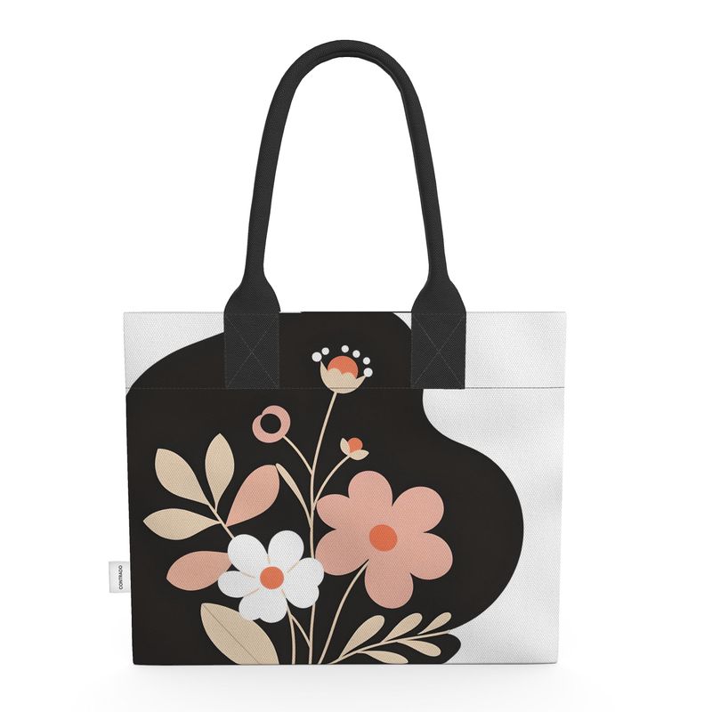 Tote Bag in Pink and White Floral Design on a Black Silhouette