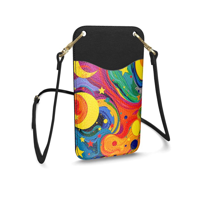 Leather Phone Case With Strap in Moon and Stars Abstract