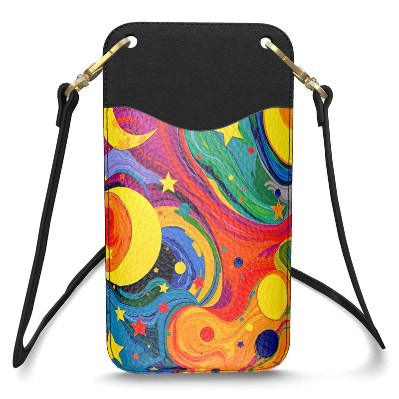 Leather Phone Case With Strap in Moon and Stars Abstract