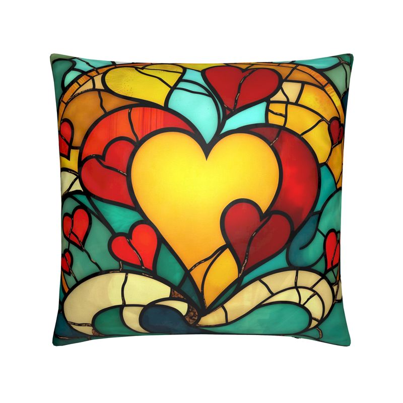 Cushion Covers with a Stained Glass Design with Gold and Red Hearts