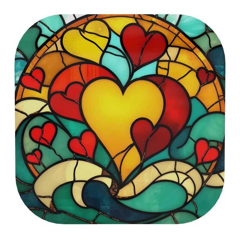 Coasters with Red and Gold Hearts in a Stained-Glass Design